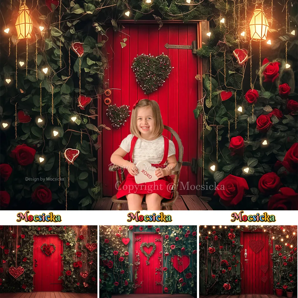 

Mocsicka Valentine's Day Night Background Photography Red Roses Garden Wood Door Backdrop Glitter Light Decor Girl Photo Studio