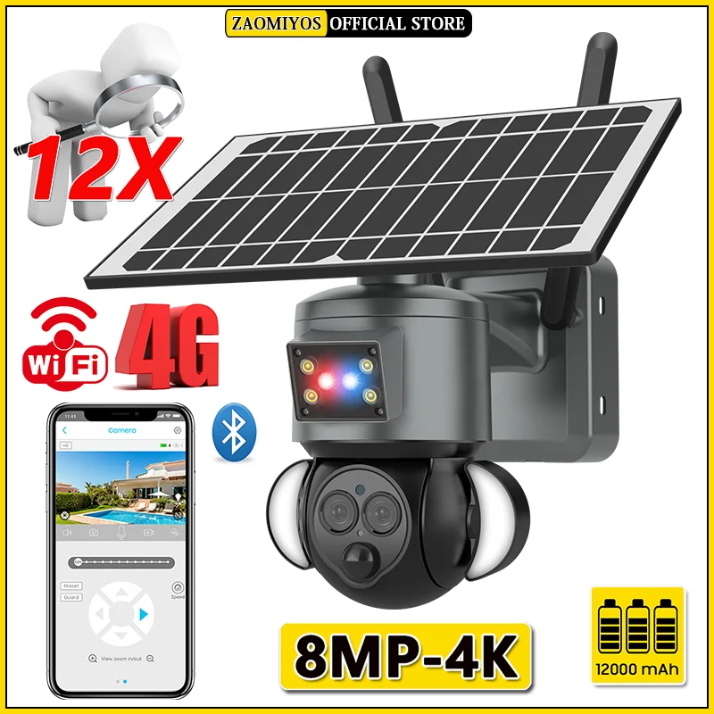 8MP 4K solar camera 4g sim outdoor waterproof Security Protection Surveillance Tracking WIFI PTZ Dual Lens 12X ZOOM CCTV IP Cam