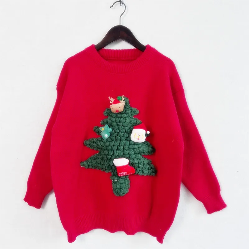 3d Funny Merry Christmas Sweater with Tree Velvet O Neck Pullover Stitch Jumper Red Sweaters for Women New Year Tops Xmas Jeresy