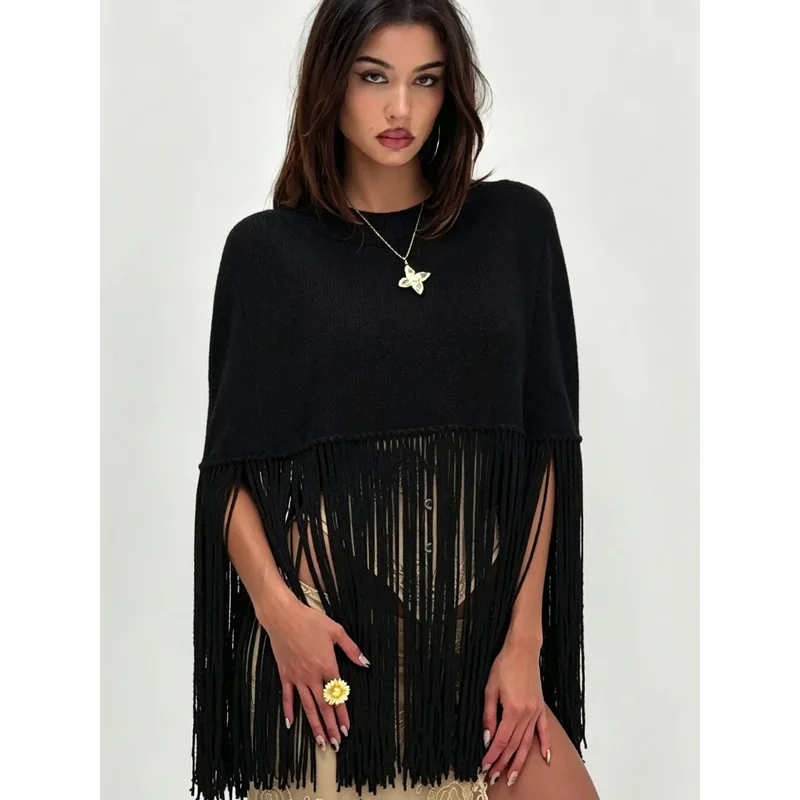 Elegant Women's Knitted Tassels Shawl Autumn Winter Chic Turtleneck Pullover Sweaters Cape Slim Cropped Coat Streetwear Lady Top