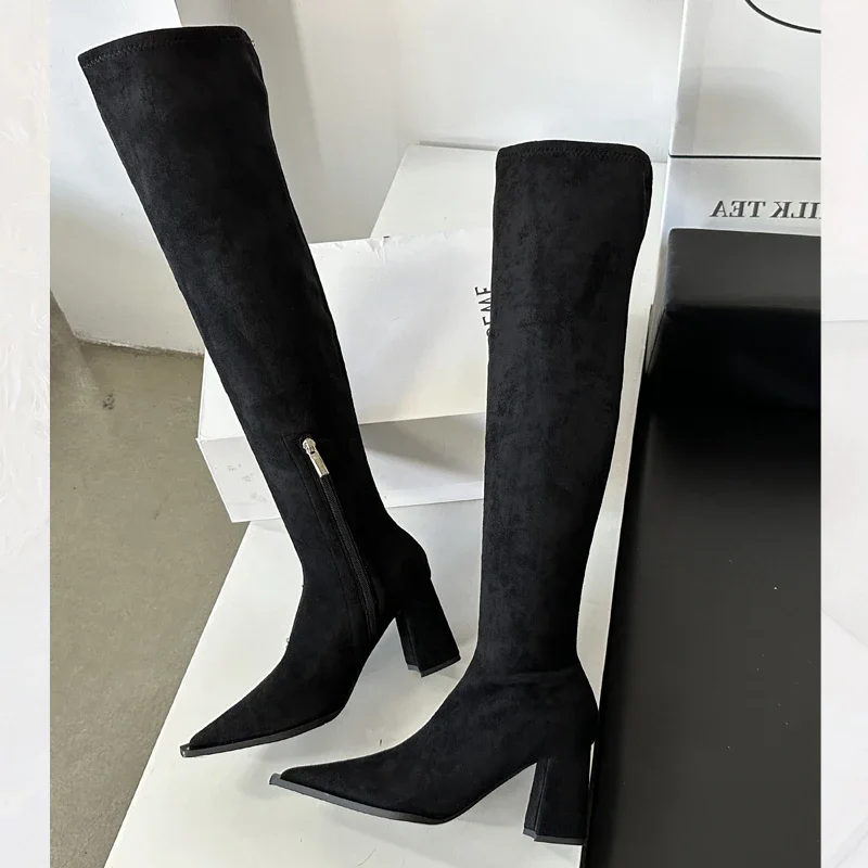 

Eilyken уличный стиль, модные сапоги выше колена с острым носком, женская обувь на квадратном каблуке, длинные ботильоны на молнии до бедра