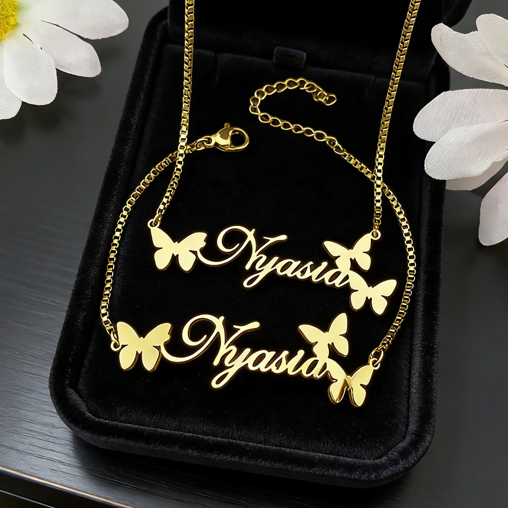 

Personalized Custom Name Necklace Bracelet Stainless Steel Butterfly Jewelry Set for Women Mother Kid Box Chain Pendant Gift