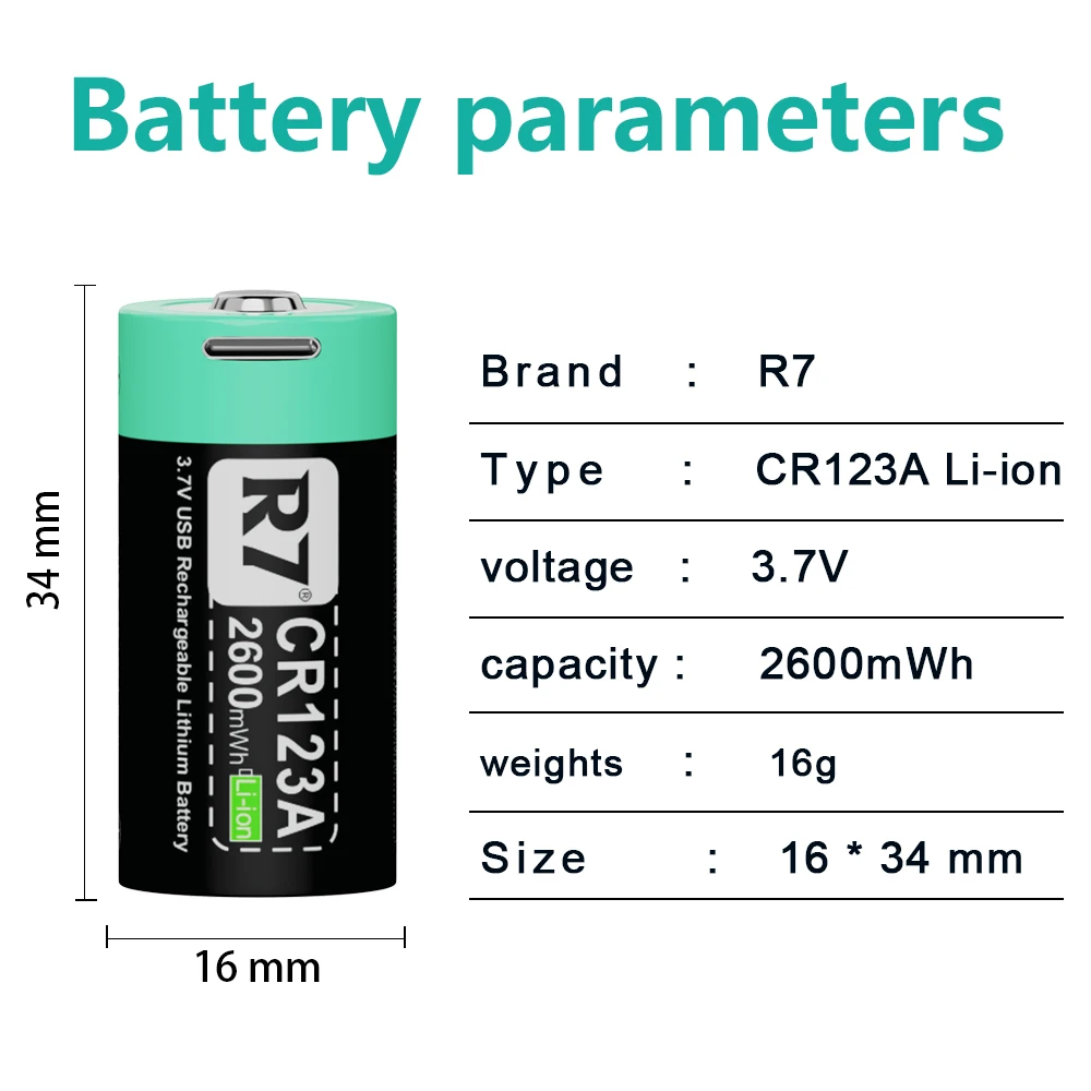 R7 brand 3.7V CR123A Li-ion Rechargeable Battery 2600mWh RCR123 USB Lithium 16340 Battery For LED Flashlight + Type-C Cable