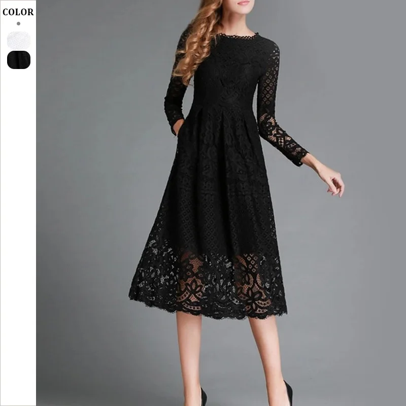 

Autumn New Women'S Dress Round Neck Hollow Out Simple Lace Long Sleeved Slim Fit Mid Length Skirt