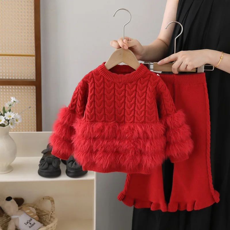 

Осень-зима 2022, новый стильный комплект из двух предметов с длинными рукавами из искусственной норки для девочек, комплект из свитера и брюк с круглым вырезом для девочек