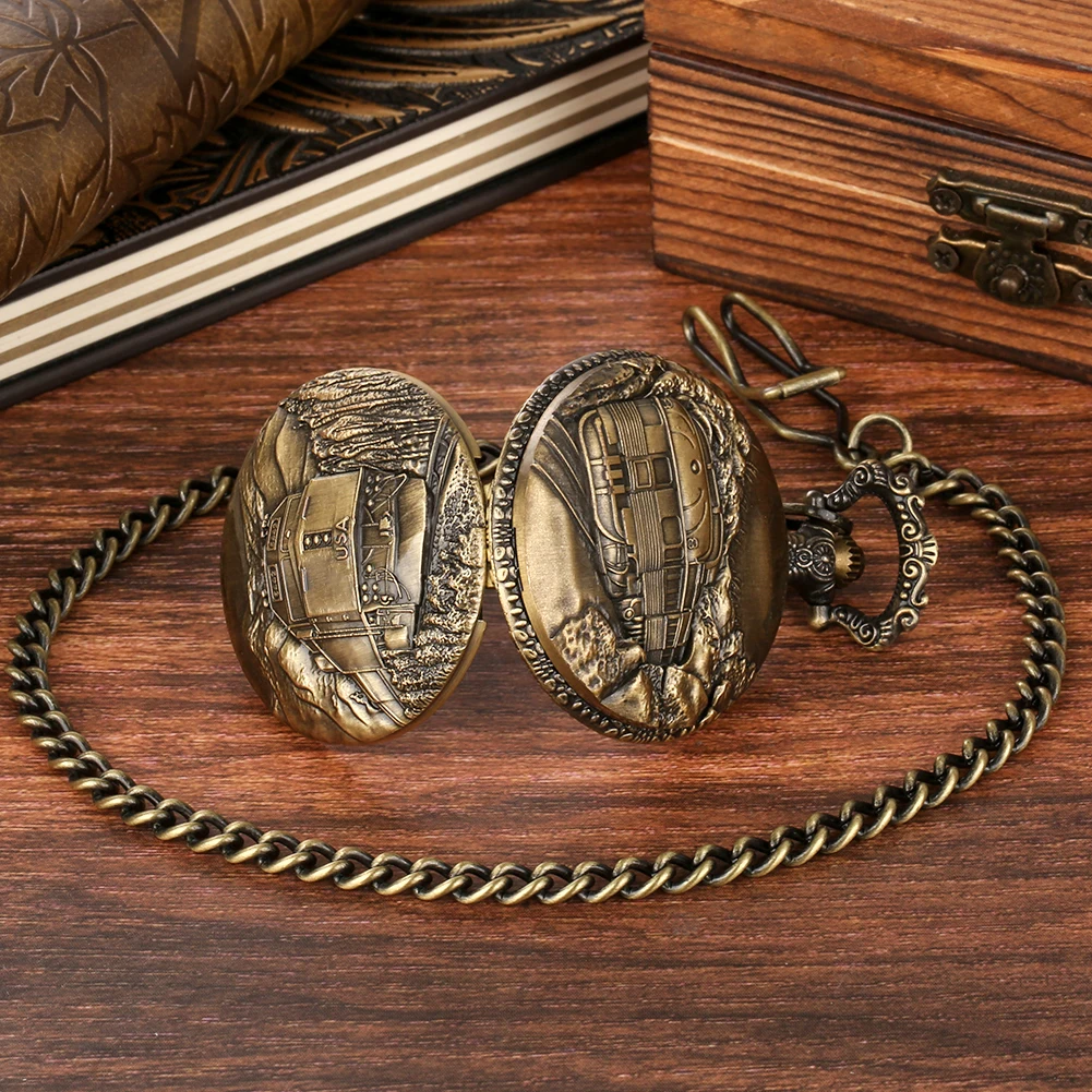 Retro Bronze Train Full Hunter Quartz Pocket Watch Fob Chain Pendant Clock Exquisite Vintage Necklace Watch Gift Men Women