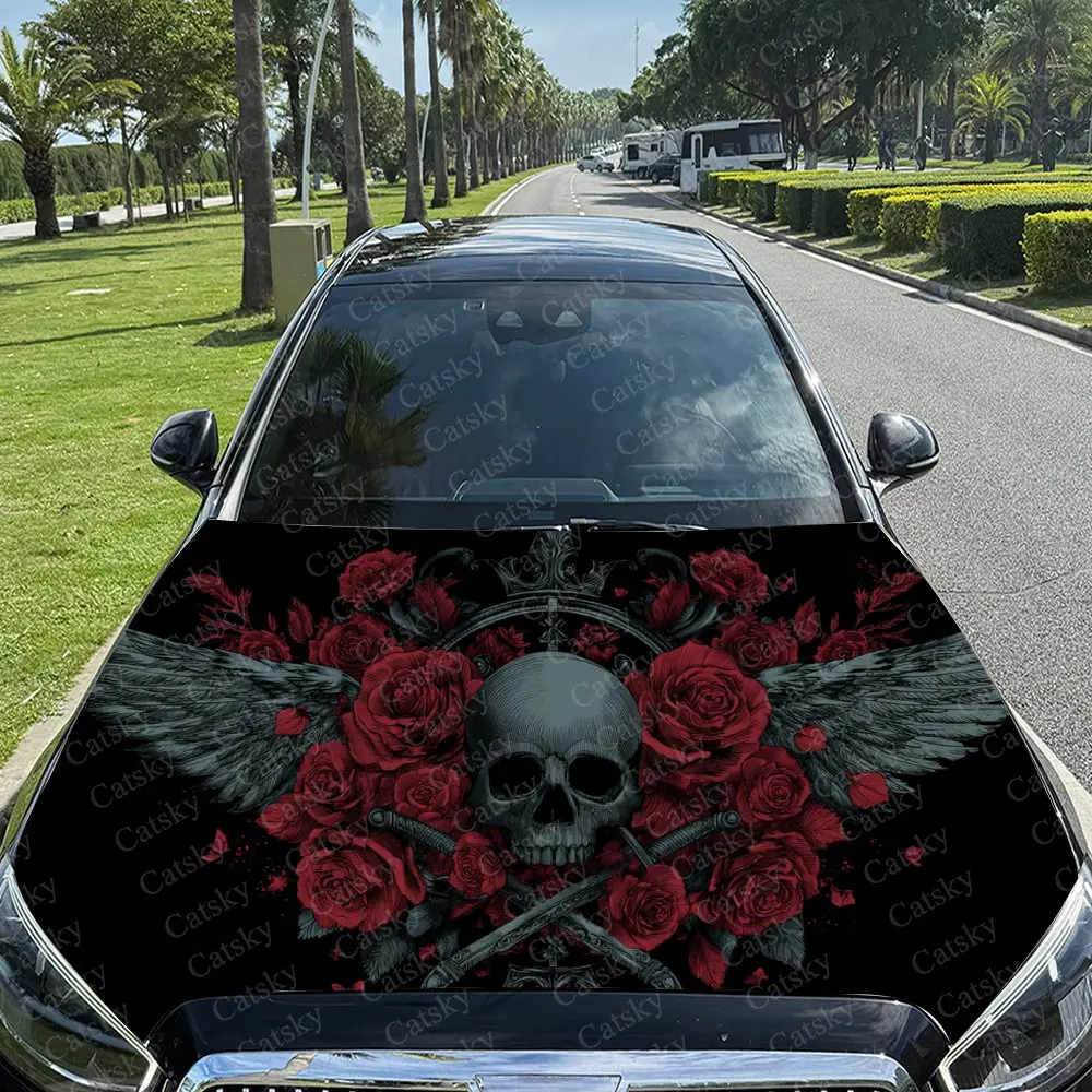 

Car Decal Artfully Crafted Dark Gothic Design Merging Winged Skull, Red Roses and Cross Details Car Hood Sticker, Waterproof Sel
