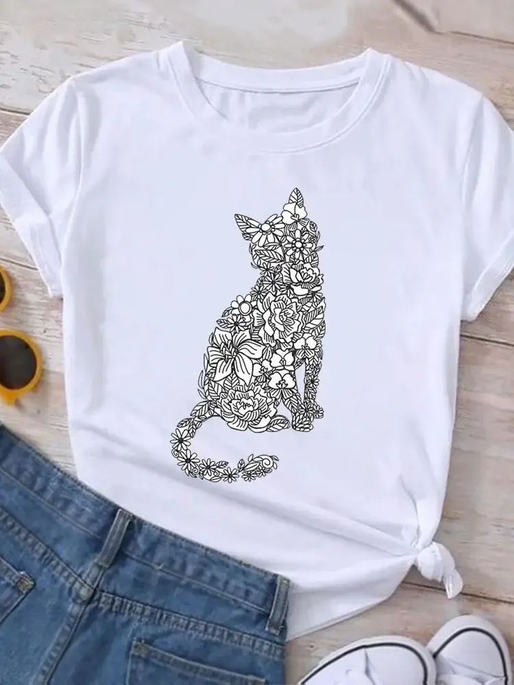 Plus Size Women\'s Fashion Crew-Neck Cute Kitten Print Summer Trend Women\'s Y2K Top Trend Breathable Crisp Short Sleeve T-Shirt