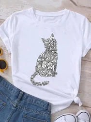 Plus Size Women's Fashion Crew-Neck Cute Kitten Print Summer Trend Women's Y2K Top Trend Breathable Crisp Short Sleeve T-Shirt