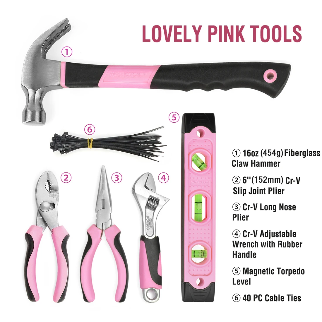 WORKPRO 103 PCS Pink Tool Set Ladies Hand Tool Set with Easy Carrying Pouch Home Tool Set for DIY Home Maintenance