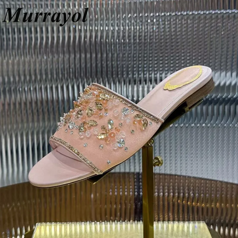 New Dress Shoes Women Open Toe One Strap Square Heels Slippers Summer Flower Rhinestone String Bead Decor Solid Color Sandals