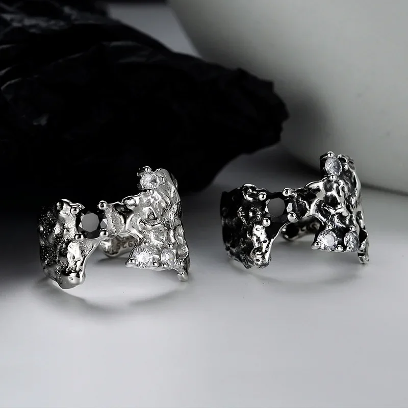 Ables Chic Beaten Alien Texture Black CZ Solid 925 Silver Ring Chunky Irregular Party Wide Open Band Rings R1250