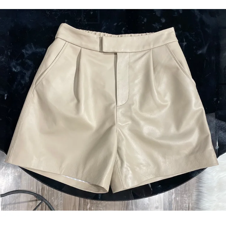 2024 New Genuine Sheepskin Leather Pants Versatile Diagonal Pocket Wide Leg Shorts E37