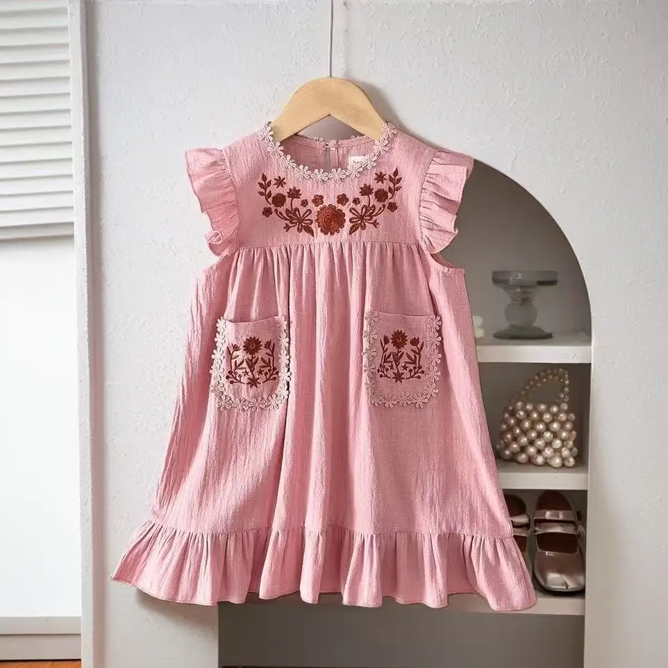 

2026 New Summer Korean Style Kids Girls 100% Cotton Flower Embroidery Flutter Sleeve Princess Dress 100-140cm