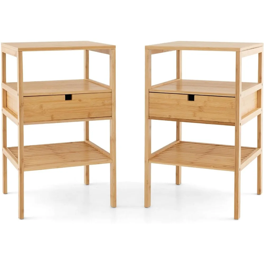 Bamboo Nightstands Set of 2, Wood Side Tables with Drawer and 2 Storage Shelves, Multifunctional Bedside Tables for Small Space