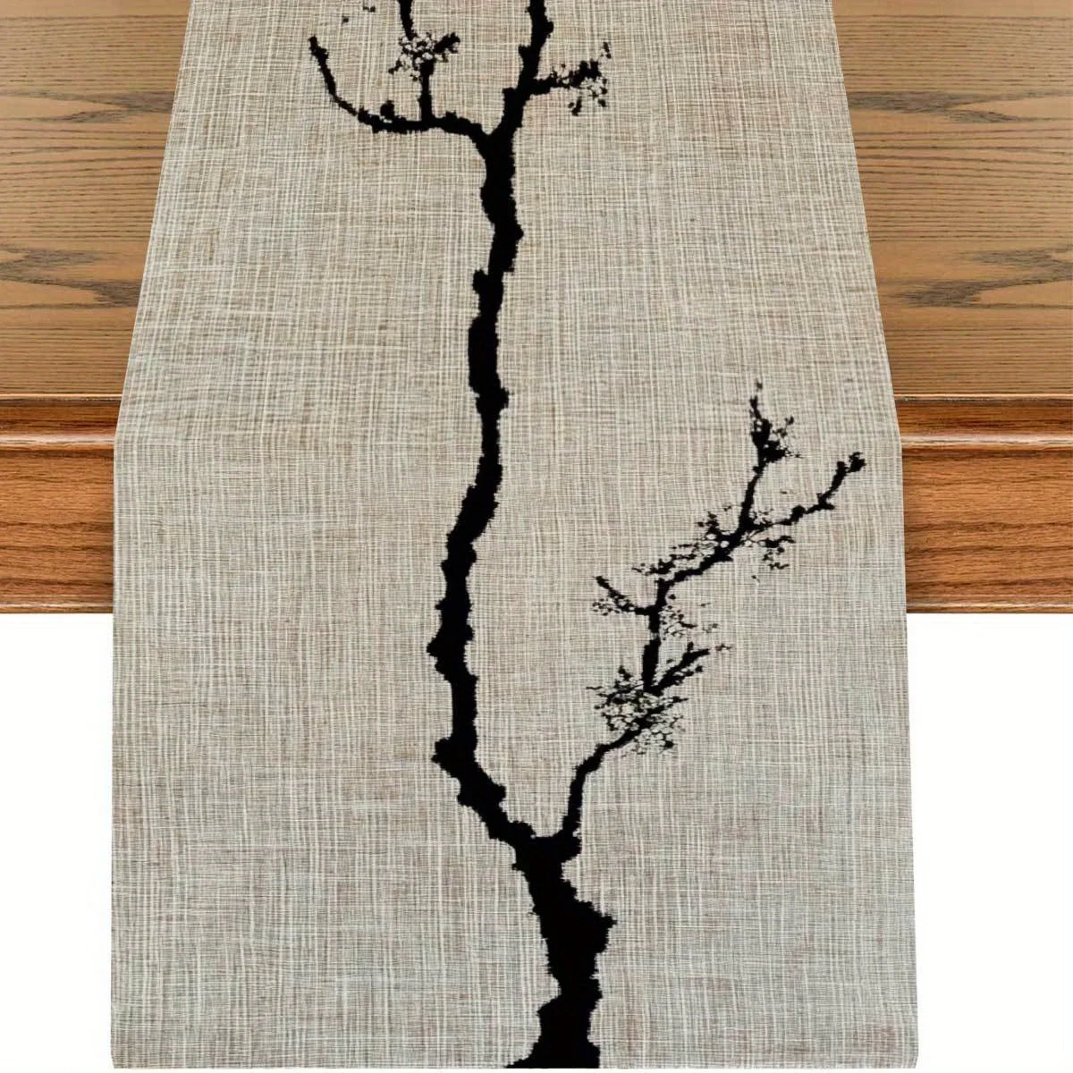 Chemin de table sur le thème du branche d'encre Zen 1 pièce, base en lin simple, motif de branche d'encre noire, adapté aux salles de thé chinois, Izakayas japonaises, maisons d'or, étudiantes d'art, cafés créatives, restaurants de style log, banques de marché culturelles, utilisant des éléments d'ambiance tranquilles d'encre.