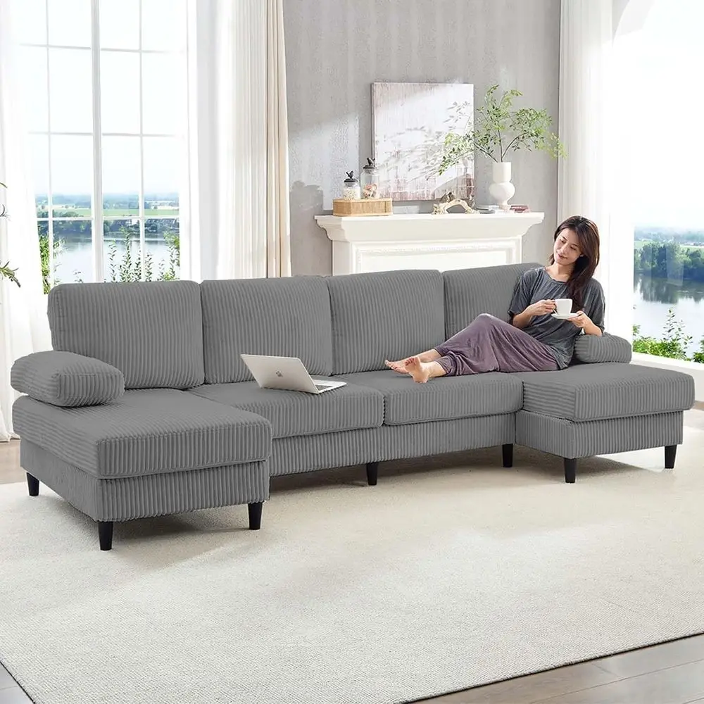 

4-Seat Oversized Grey Corduroy Sectional Sofa with Double Chaise Lounge for Living Room or Office