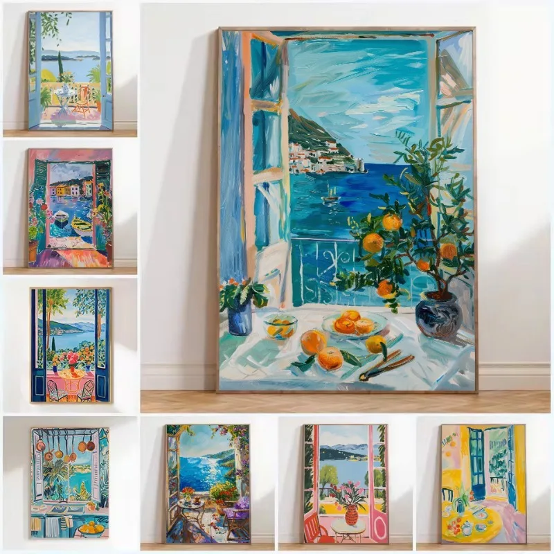 1pc Frameless Colorful Graffiti Mediterranean Kitchen Balcony Orange Tree Italy Coastal Scene Canvas Poster Wall Art Pictures Ho