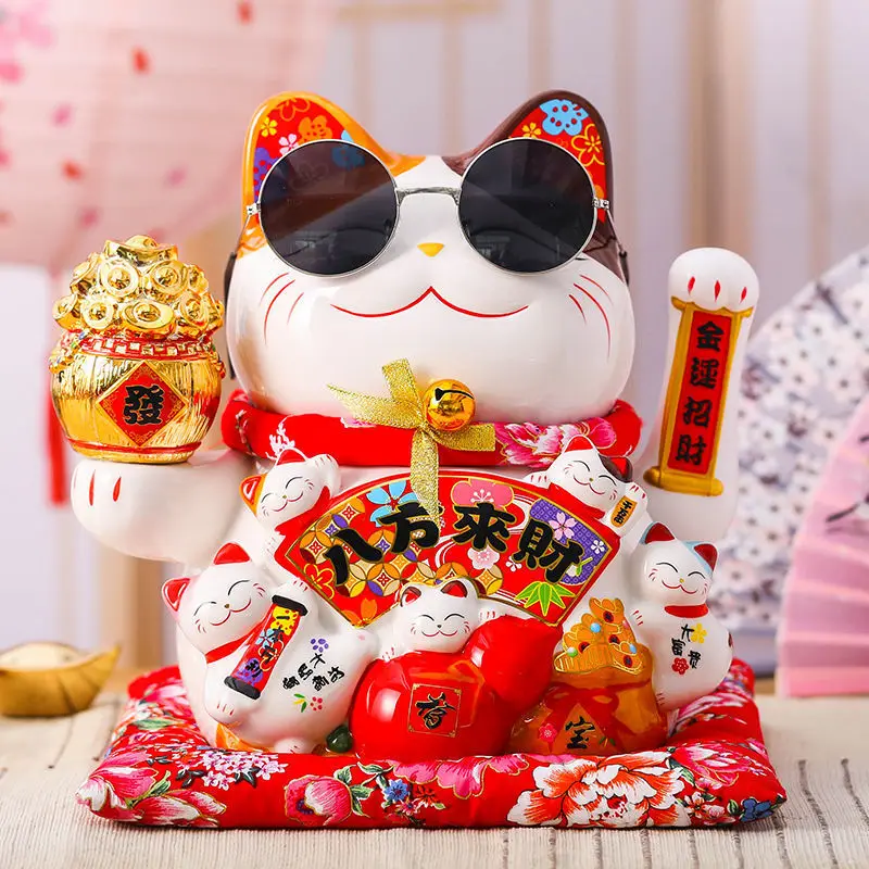 Décoration de chat porte-bonheur Feng Shui, artisanat de fête à la maison, vague électrique en céramique, cadeau de boutique de sagesse de la main, bonne chance, 7 po