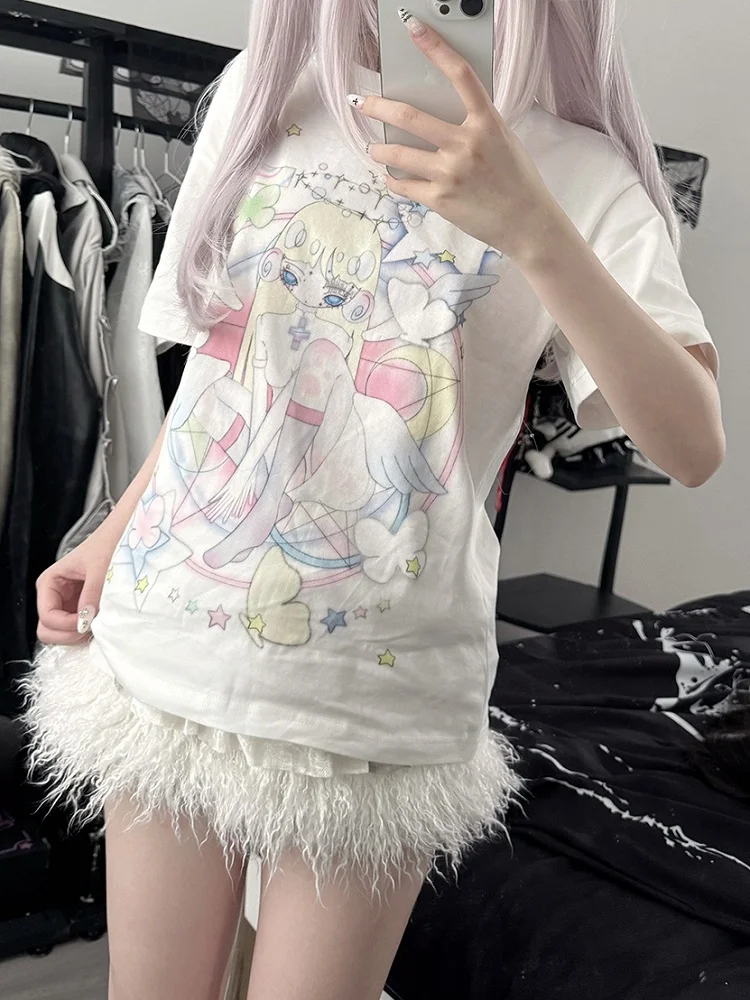 Neuer Stil, süßes Mädchen-T-Shirt im Subkultur-Stil, weiß, reine Baumwolle, kurzärmelig, für Kinder/Erwachsene, lässige Mode, Übergröße, Harajuku-Stil, Y2k-T-Shirt-Oberteil