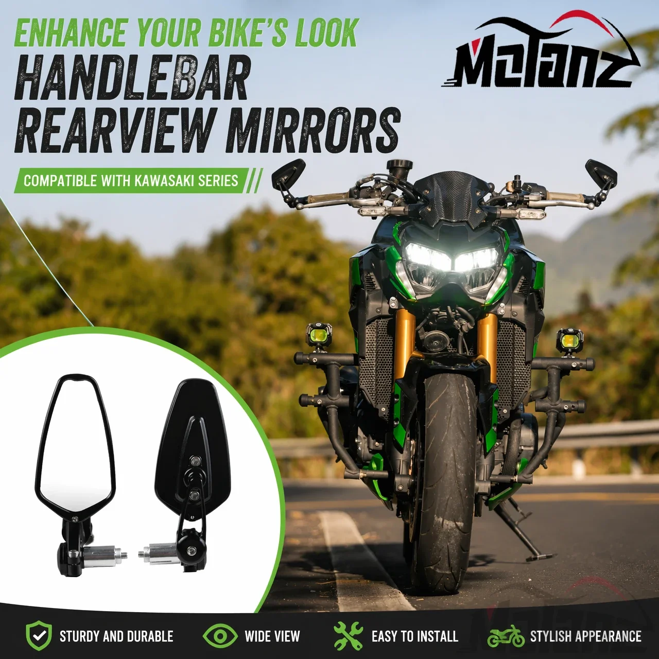 Motorcycle Bar End Handlebar Rearview Mirrors CNC Aluminum For Kawasaki Z900 Z800 Z650 Z750 Z1000 Z900RS Z650RS Blue Clear Lens