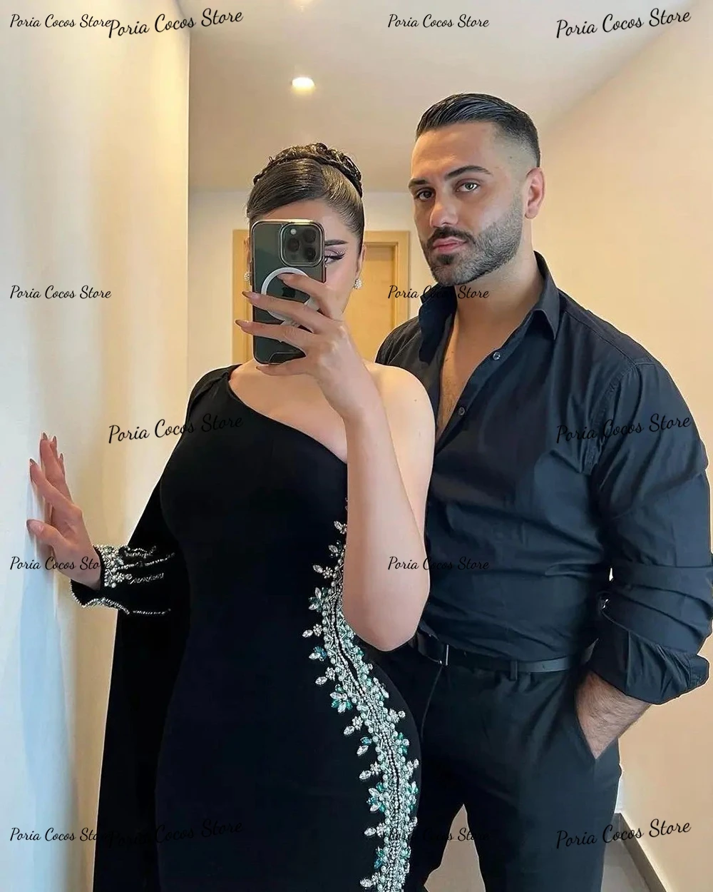 Maßgeschneidertes Abendkleid mit einer Schulter und langen Ärmeln, Meerjungfrau, sexy, rückenfrei, formelle Party, schwarze Abendkleider für Frauen, Saudi-Arabien – Detail 5