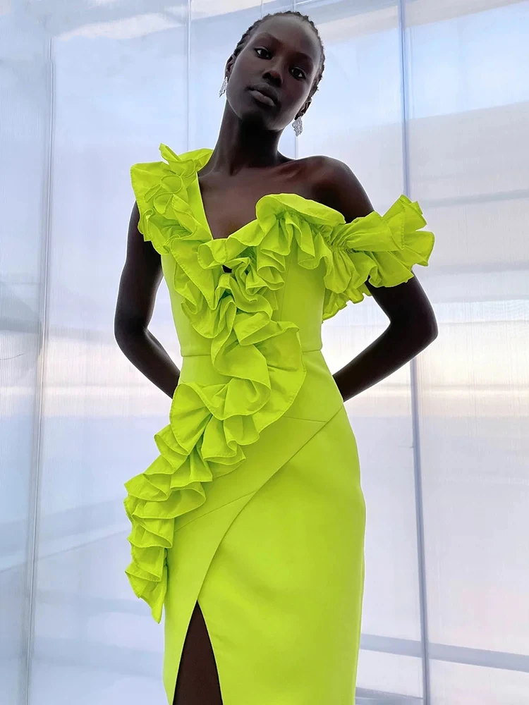 المرأة مثير واحد الكتف طويل ضمادة الكشكشة النيون الأخضر سبليت ماكسي فستان أنيق مساء نادي حفلة كوكتيل وتتسابق