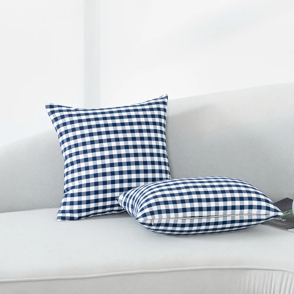 Blue Yarn Dyed Cotton Linen Tasselled Cushion Cover Hot Plaid Stripes Geometry Pillowcase Decorativos Para Sofa 30X50/45X45cm