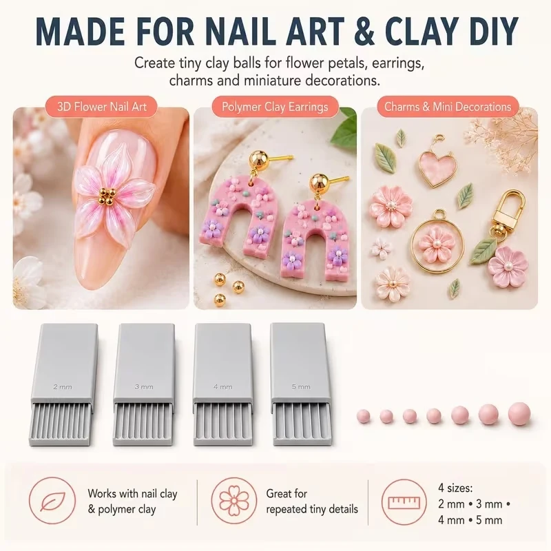 3D Print Clay Gel Ball Maker Tool,Nail Art Bead Roller for 3D Gel Flower | Polymer Clay Roller 2mm 3mm 4mm 5mm Sphere Shaper Rol view 2
