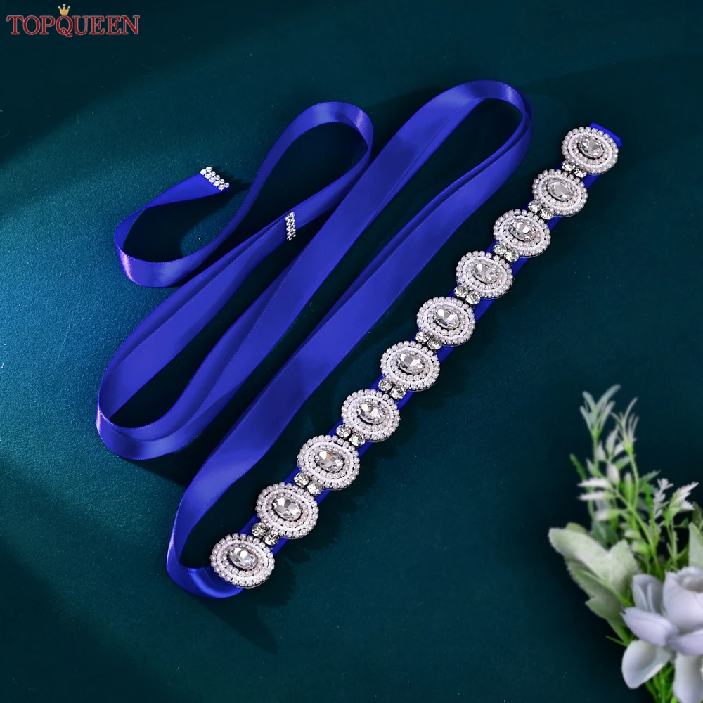 

TOPQUEEN новый дизайн свадебного пояса, круглая атласная лента с аппликацией из бисера и стразами для вечеринки, банкета, официальной одежды S253