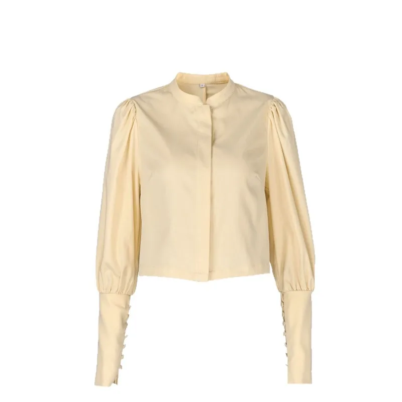 Womens Small Stand Collar Puff Sleeve Blouse Elegant Design Workwear Fashion Spring Autumn 2026 New Chic Trendy Classic Soft Top