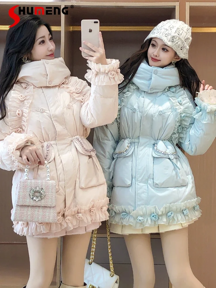 Female 2024 Winter New Princess Sweet Loose Down Coats Thickened Warm Three-dimensional Flower Pocket Rhinestone Down Jackets