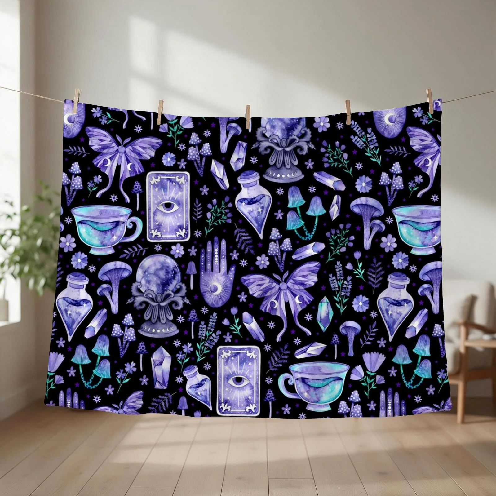 Purple Eclectic Witch on Black Throw Blanket couch cozy soft plush fuzzy picnic outdoor blanket