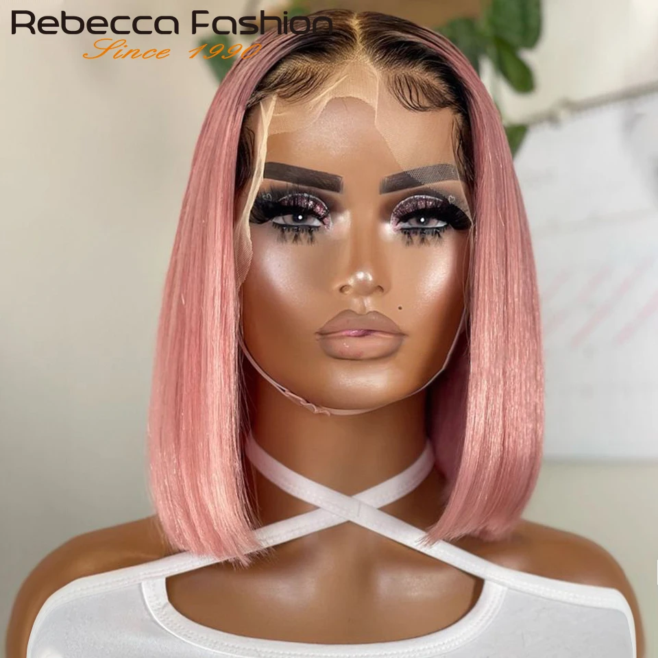 Short Cut Colored Pink Bob T Part Lace Wigs Human Hair Wigs 180D Transparent Ombre Pink Brazilian Straight Lace Front Wigs