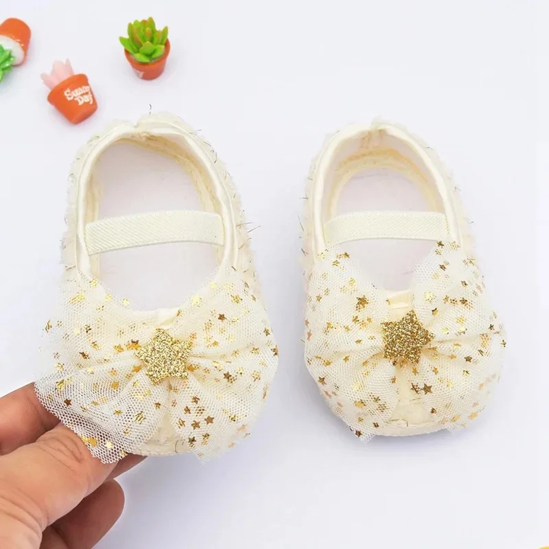 Spring Autumn Baby Girls Sweet Princess Shoes Star Net Yarn Bowknot Crib Shoes Newborn Kids Soft Sole Shoes 0-18M