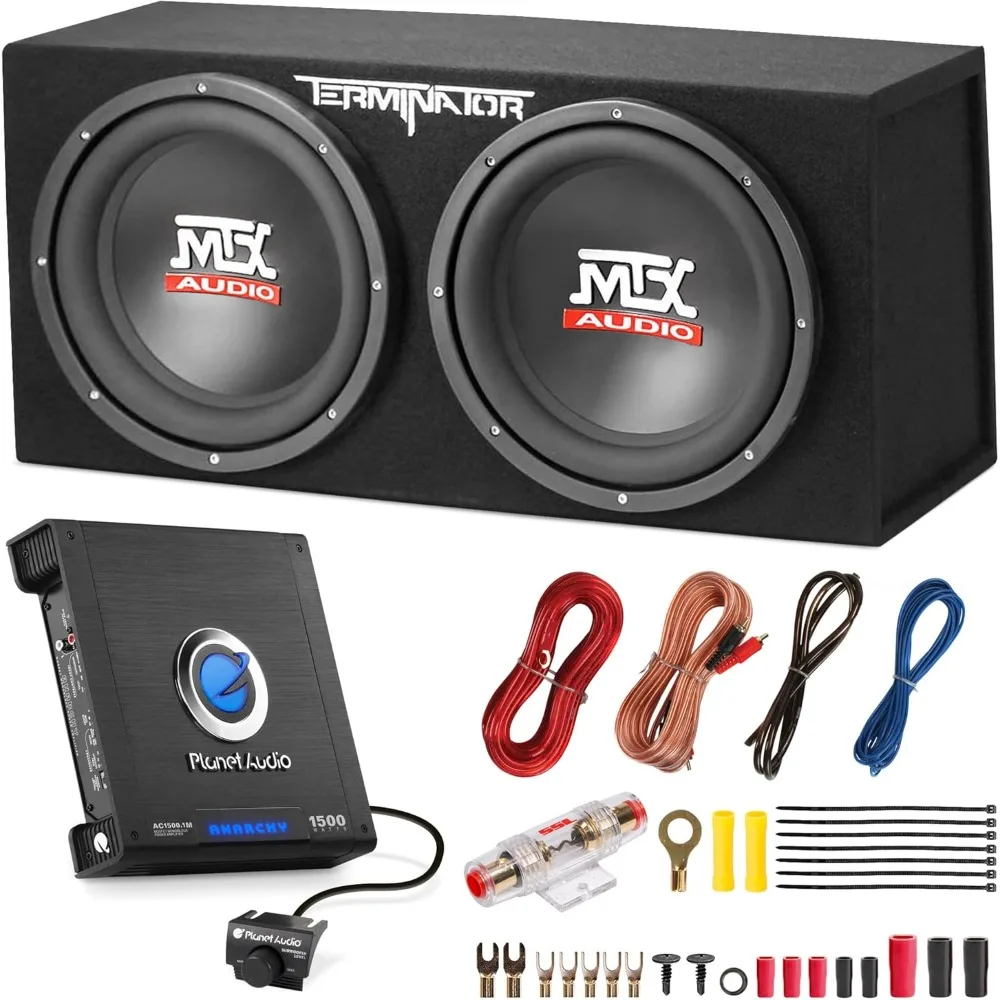 12-Inch Dual Subwoofer with Amp & Wiring Kit - Complete Car Sound System Bundle with 1200W Loaded Enclosure, Planet Audio Peak