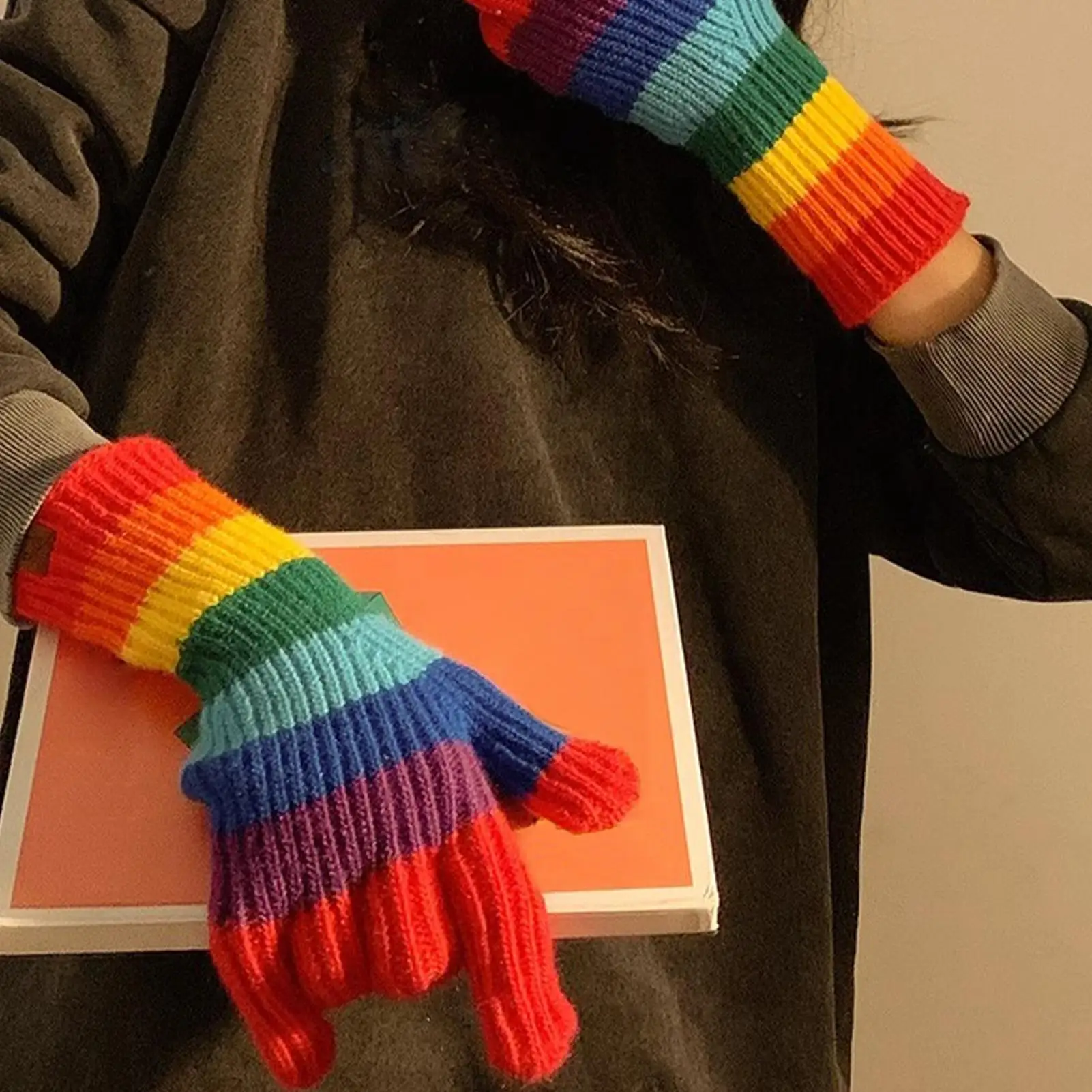 Regenboog touchscreen winterhandschoenen Warme gebreide wanten Antisliphandgreep voor dames, autorijden, hardlopen, skiën en woon-werkverkeer buiten