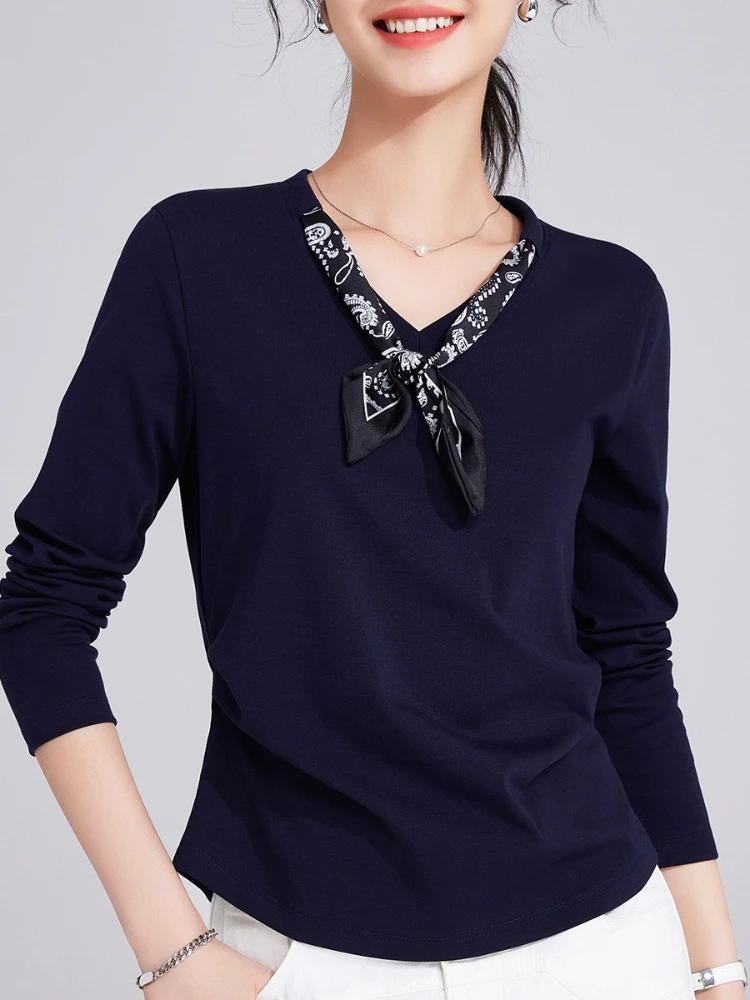 

French Style Scarf Print V-Neck Tshirt Women Gathered Waist Long Sleeve Flattering Fit Blouse Elegant Basic Top Spring Autumn