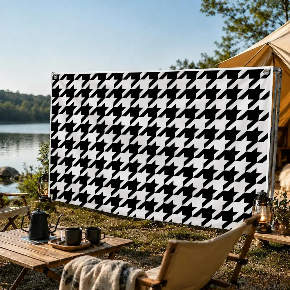 Houndstooth Check Pattern Flags Banner For Camping Decoration Outdoor & Garage Wall Hanging Decorations