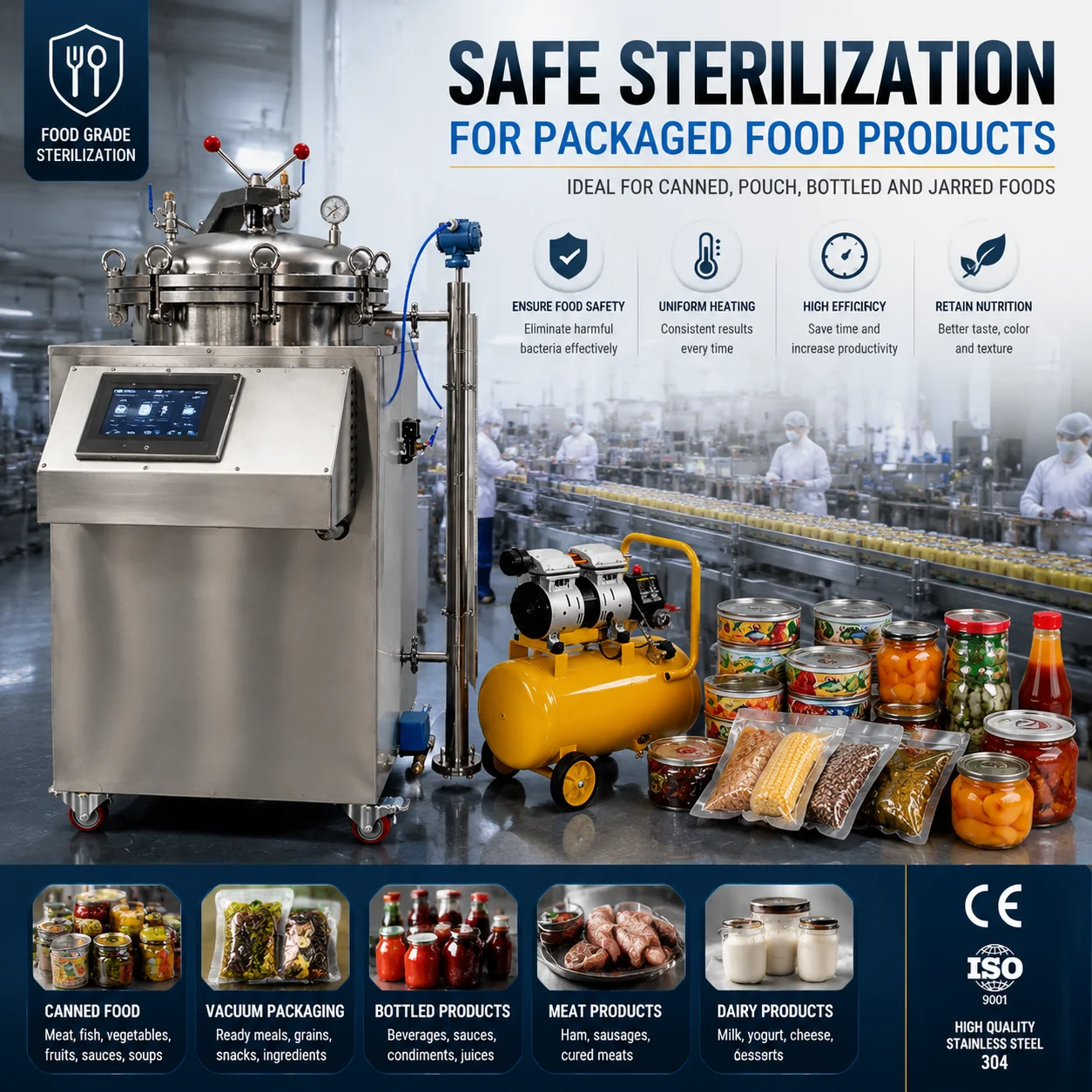Smart Digital Steam Autoclave Sterilizer Machine for Jars Pouches Food Canning Sterilizing 35L to 200L