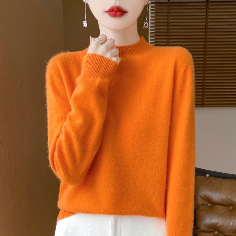 Classic Seamless pullover Women\'s  Australian Pure Wool Sweater Half High Collar Long Sleeve Casual Basic Knitted Warm Loose top