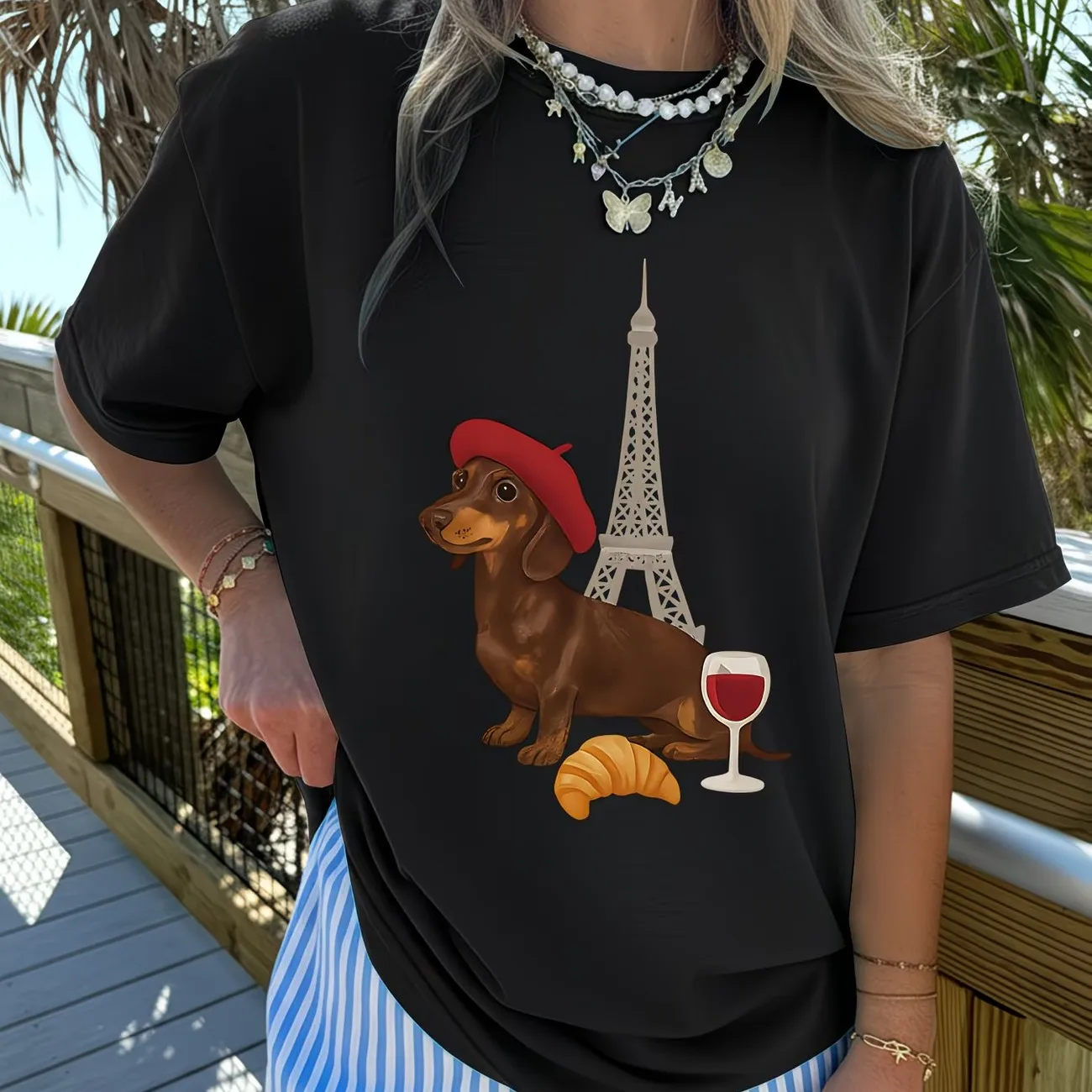 Funny French Dachshund T Shirt Paris Eiffel Tower Dog Graphic Tops Women Trendy Aesthetic Casual Short Sleeve Fashion Tee