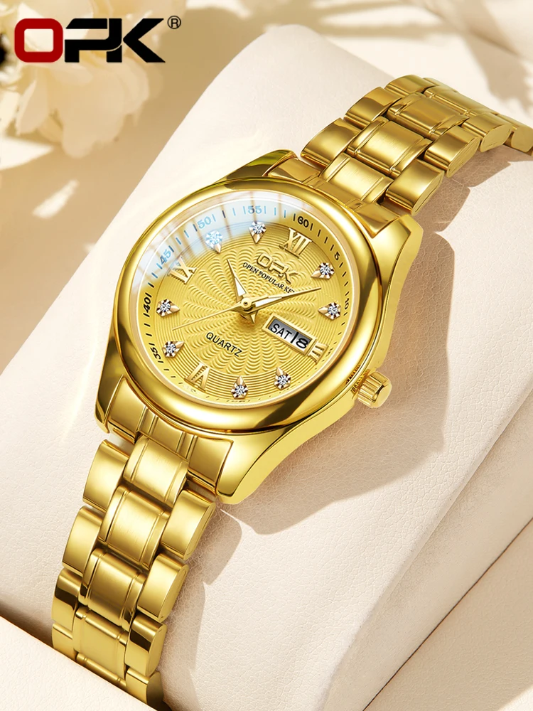 OPK 8103 Elegant Women's Watch Luxury Brand Stainless Steel Waterproof Watch Double Calendar Diamond Business Women Quartz Watch
