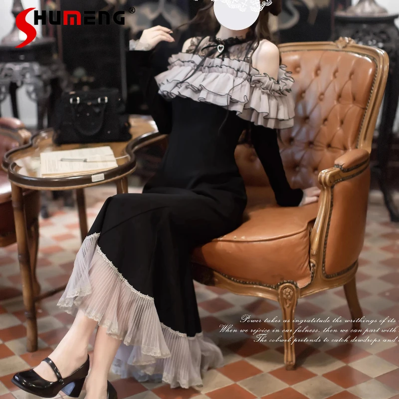 

Japanese Rojita Style SC Mine Series Pink And Black Dresses Ruffled Layered Wooden Ear Edge Mermaid Dress Lolita Kawaii Clothes