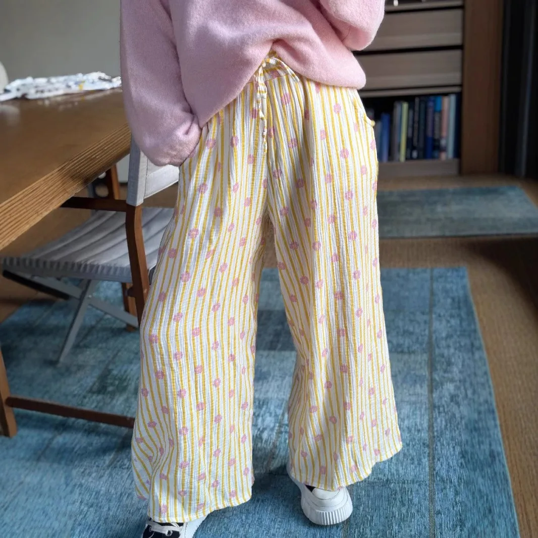 Été mince rayé imprimé femmes pantalons décontractés taille haute Dstring haute élastique Polyester tissu décontracté Sle