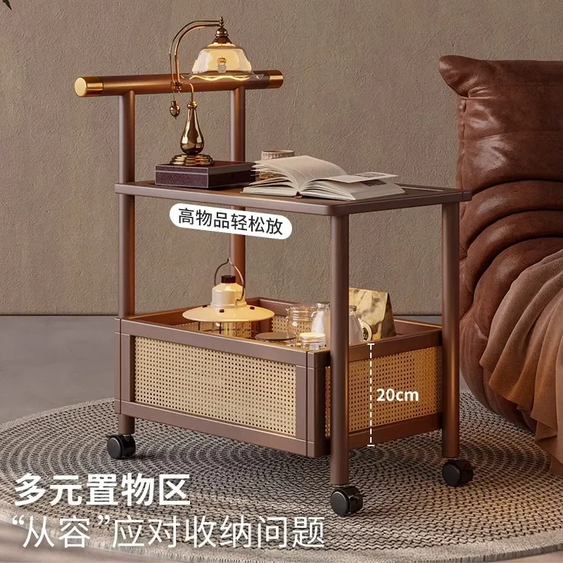 Removable Rattan Coffee Table with Wheels Medieval Style Side Table for Living Room Sofa Edge Plastic Storage Shelf