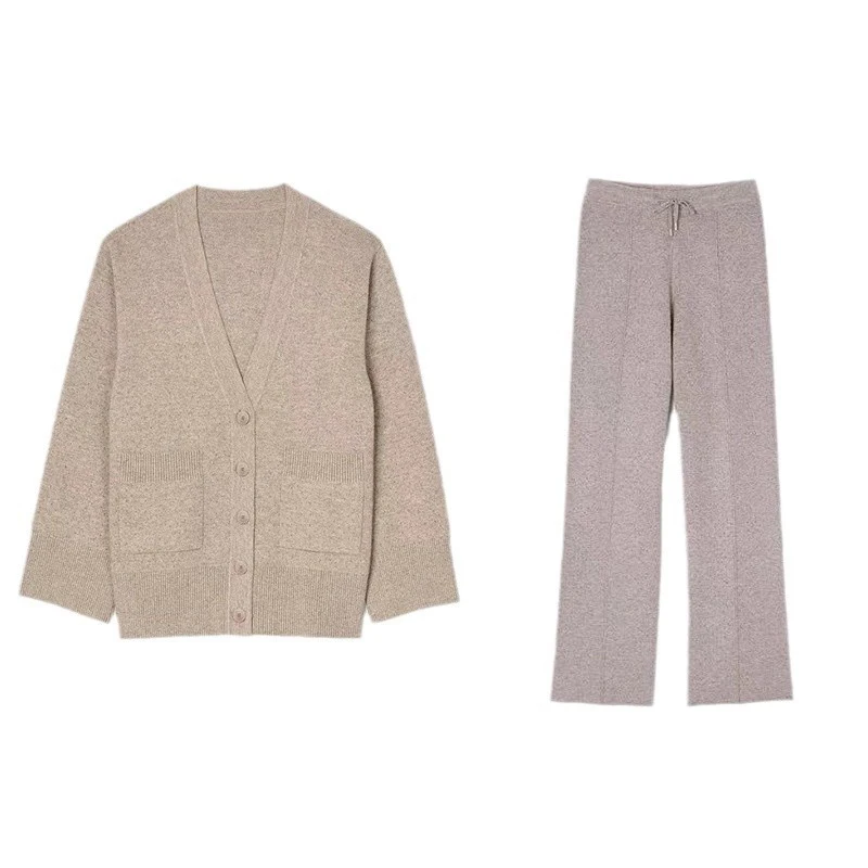 Autumn and winter new French style loose and lazy V-neck knit cardigan trousers two-piece set