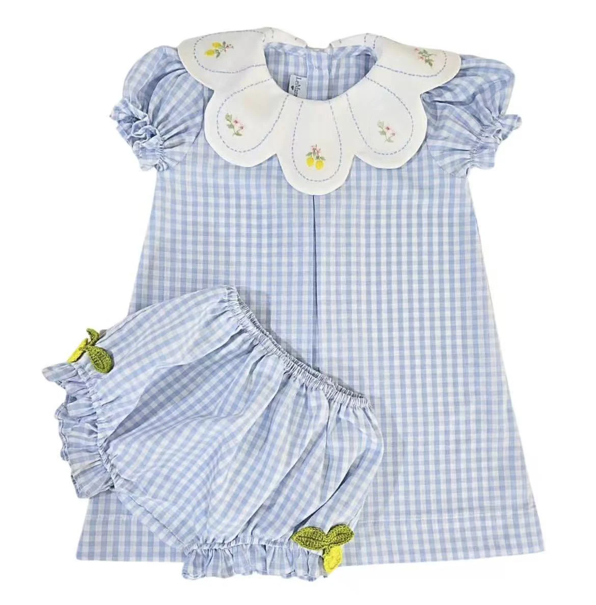 Baby Girl Summer 2Pcs Outfit Blue Plaid Lemon Floral Embroidery Set for Birthday Party Photography Casual B703