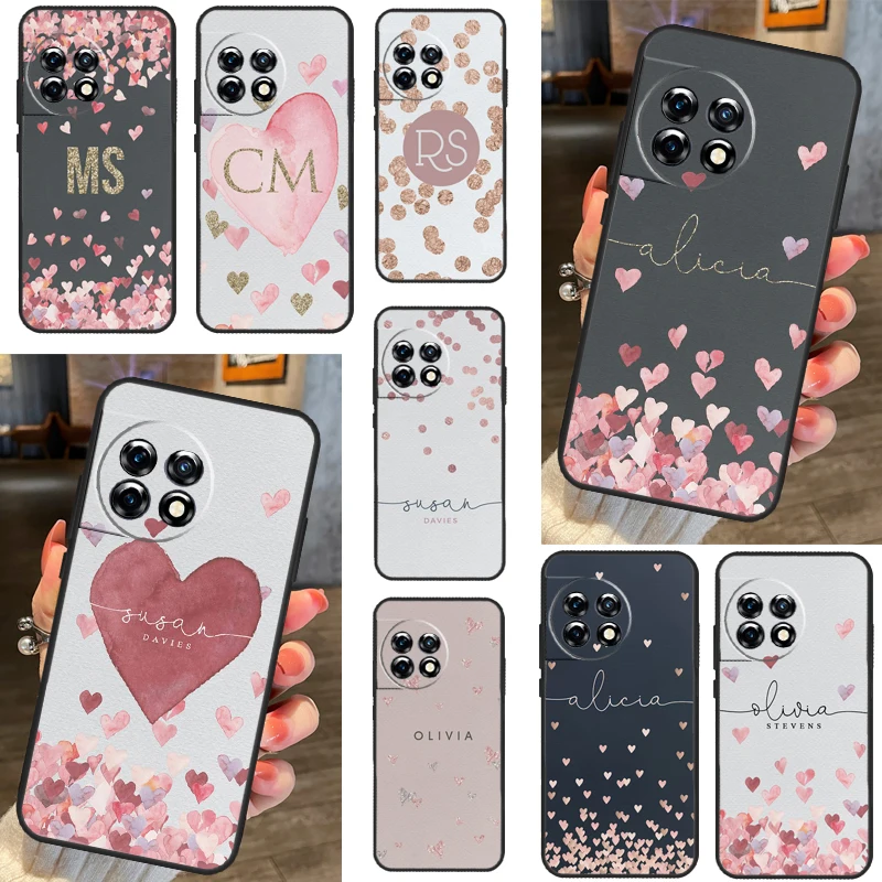 Custom Polka Heart Rose Gold Monogram Case For OnePlus ACE Nord CE 2 Lite 2T N10 N20 Cover For OnePlus 11 9 10 Pro 8T 9R 10R 10T