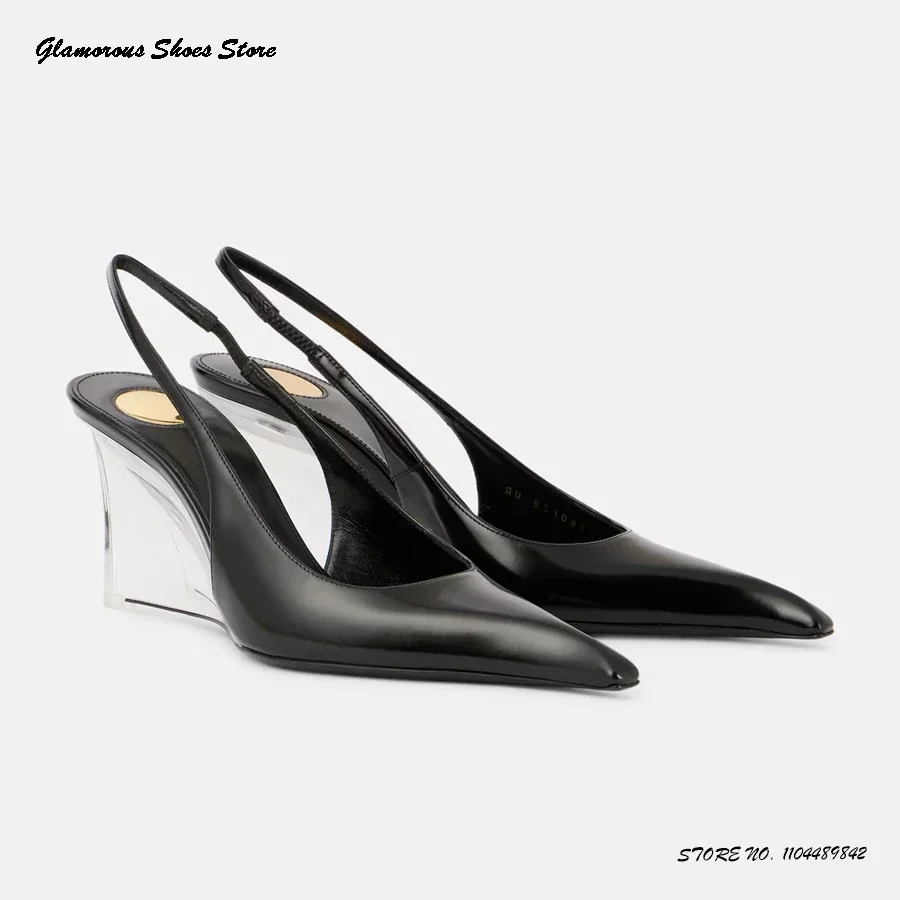 

Элегантные прозрачные туфли-лодочки на танкетке с открытой пяткой, женские вечерние модельные туфли из лакированной кожи с острым носком, офисные женские летние туфли без шнуровки на высоком каблуке
